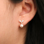 Cubic Leaf Pearl Drop Earrings | Elegant Crystal & Pearl Dangle Earrings