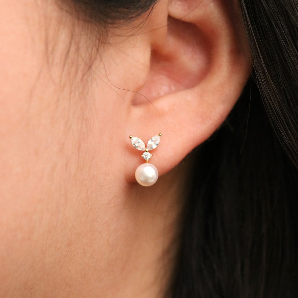 Cubic Leaf Pearl Drop Earrings | Elegant Crystal & Pearl Dangle Earrings
