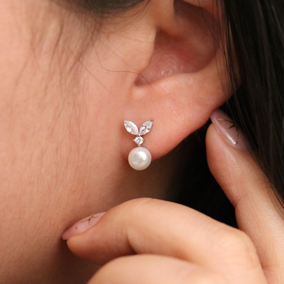 Cubic Leaf Pearl Drop Earrings | Elegant Crystal & Pearl Dangle Earrings