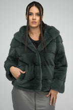 Women's Olive Genuine Hooded Mink Fur Coat | Luxury Winter Outerwear