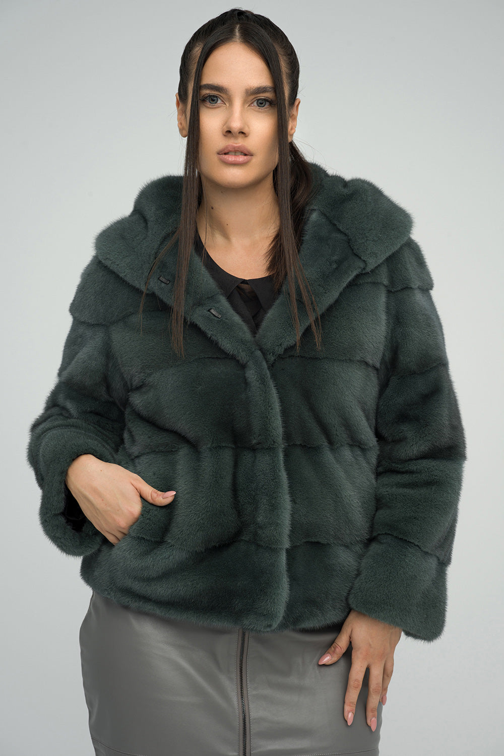 Women's Olive Genuine Hooded Mink Fur Coat | Luxury Winter Outerwear