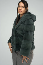 Women's Olive Genuine Hooded Mink Fur Coat | Luxury Winter Outerwear
