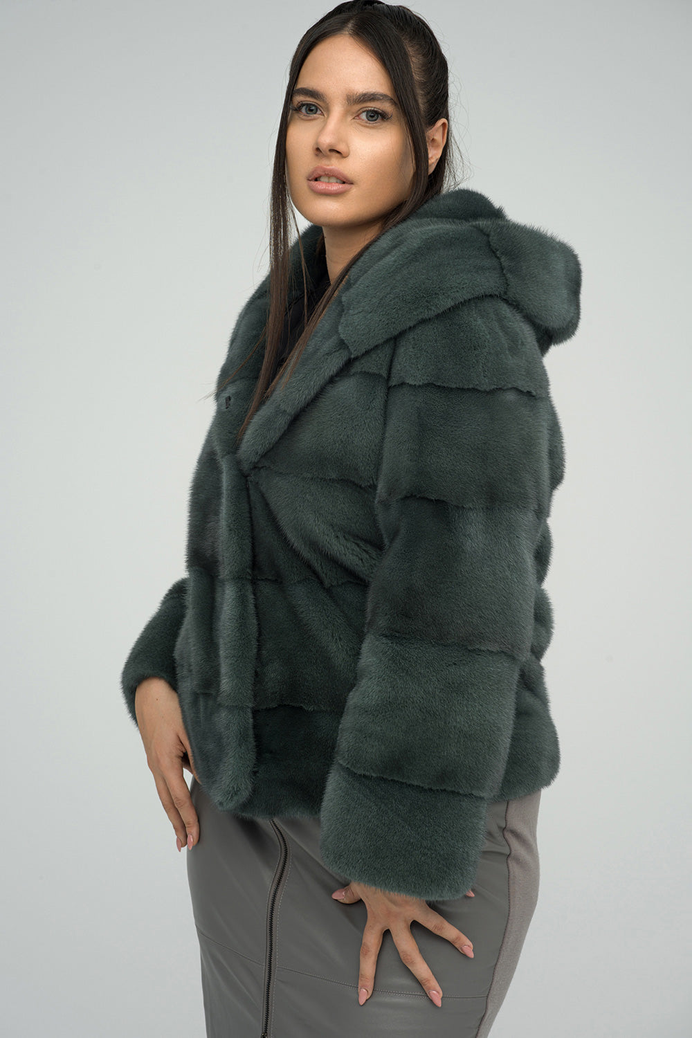 Women's Olive Genuine Hooded Mink Fur Coat | Luxury Winter Outerwear