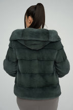 Women's Olive Genuine Hooded Mink Fur Coat | Luxury Winter Outerwear