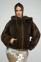 Women's Brown Fluffy Hooded Mink Fur Coat | Luxury Winter Outerwear