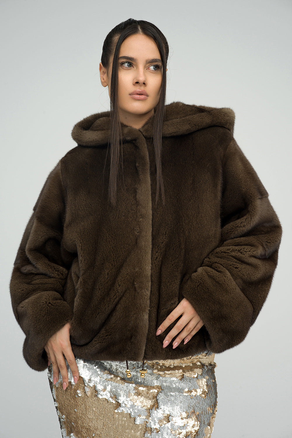Women's Brown Fluffy Hooded Mink Fur Coat | Luxury Winter Outerwear