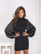 Mock Neck Puffed Satin Sleeve Bodycon Mini Dress
