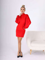 Mock Neck Puffed Satin Sleeve Bodycon Mini Dress
