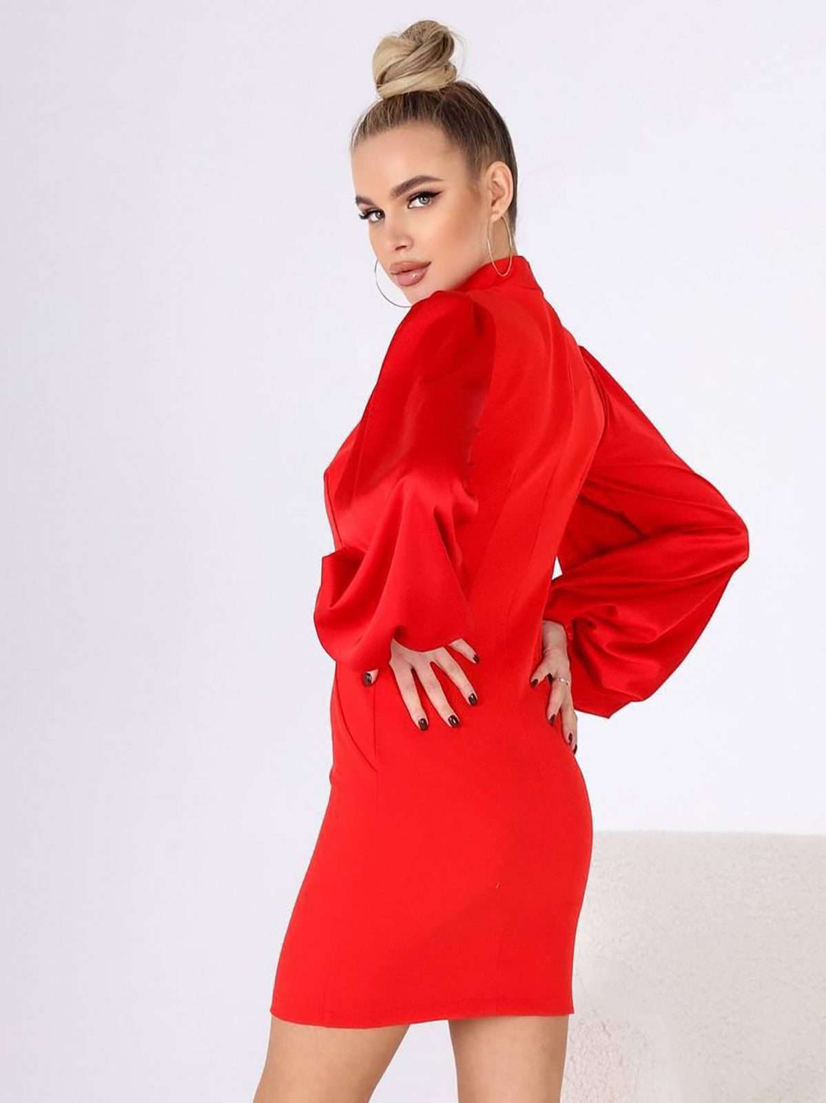 Mock Neck Puffed Satin Sleeve Bodycon Mini Dress