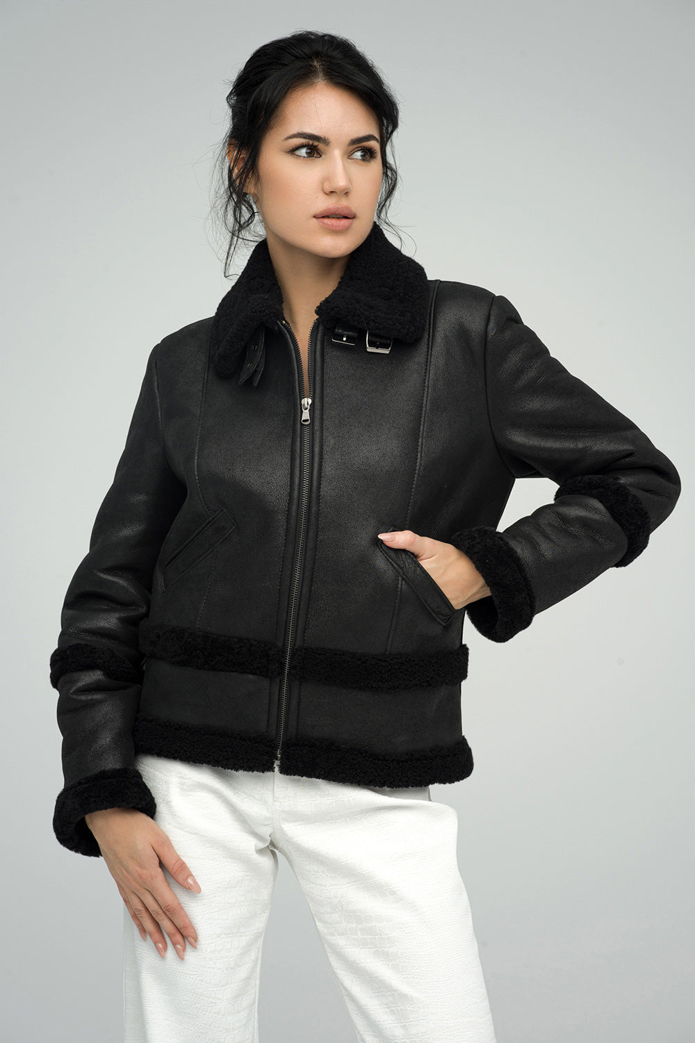 Black Merino Shearling Leather Jacket | Genuine Sheepskin Winter Coat