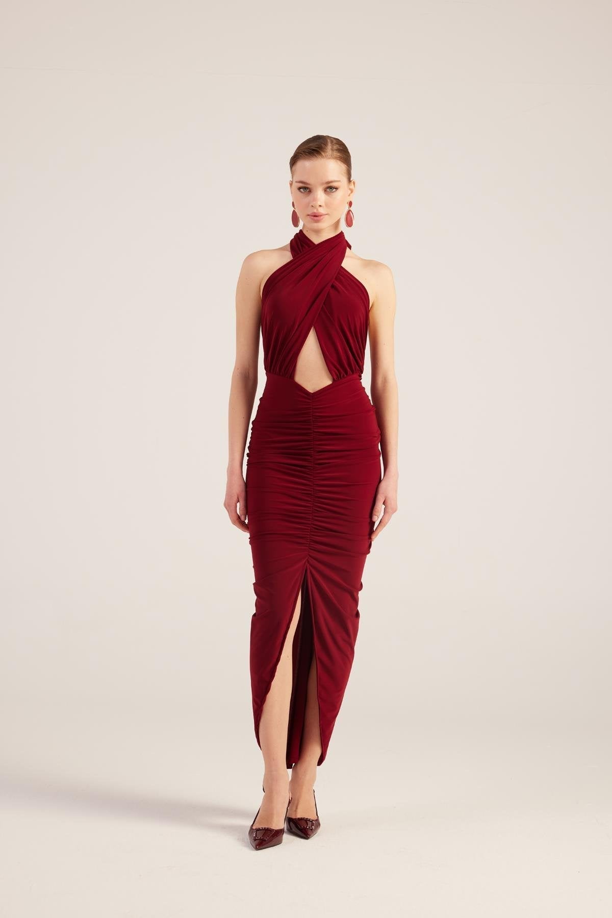 Marie Burgundy Backless Slit Maxi Dress | Elegant Evening Gown