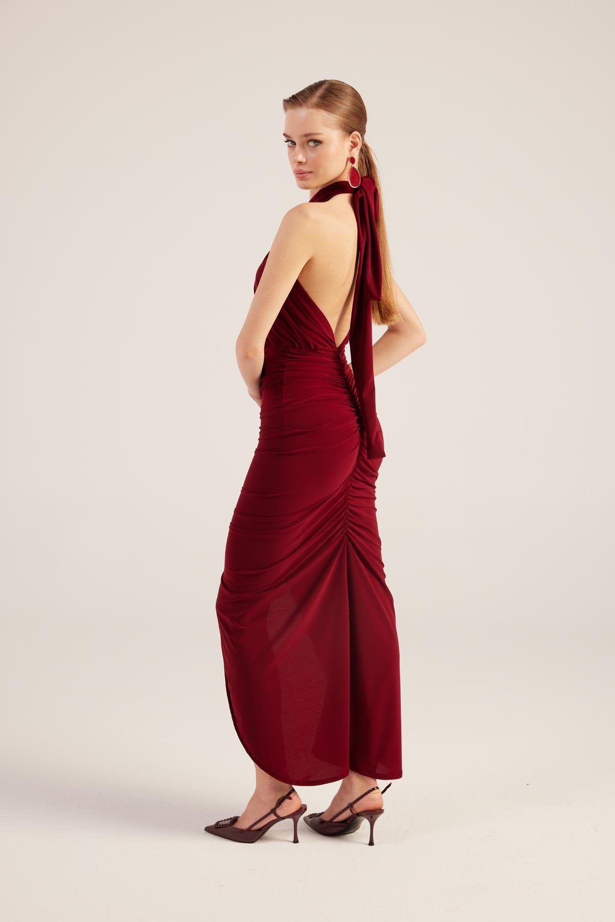 Marie Burgundy Backless Slit Maxi Dress | Elegant Evening Gown